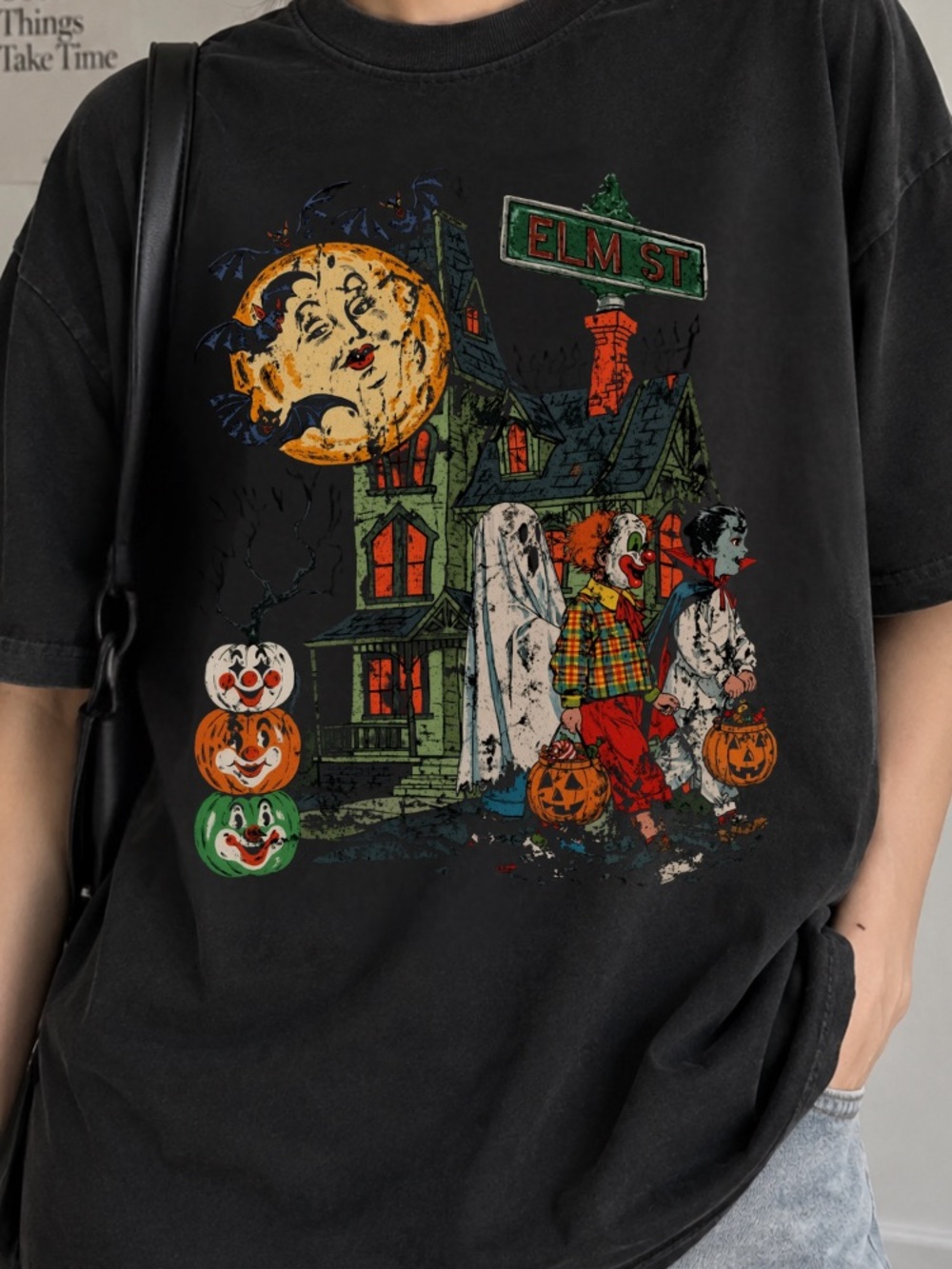 Comfort color Elm St House Halloween Moon Clown Ghost Stacked Pumpkins T-Shirt
